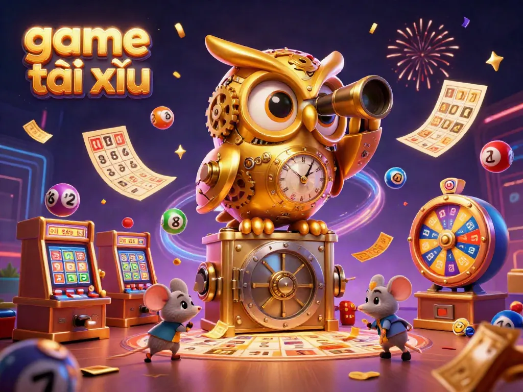 Experience the thrill of game tài xỉu in this vibrant casino illustration with dynamic elements and characters.