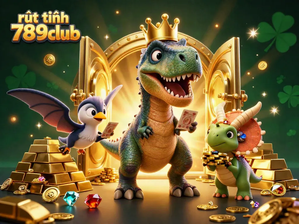 Engage with rút tiền 789club as a T-Rex plays cards amidst gold treasures and animated characters.