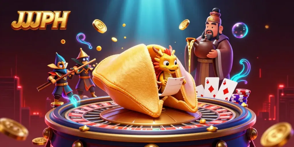 Experience casino excitement at JJJPH with a dynamic scene featuring a fortune cookie and dragon amidst poker cards and chips.