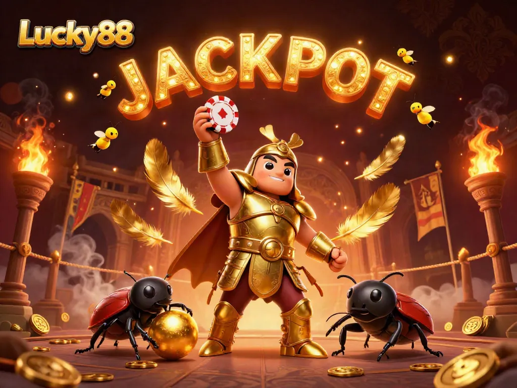Experience the excitement of Lucky88 with a vibrant 3D illustration featuring jackpot symbols and dynamic gaming elements.