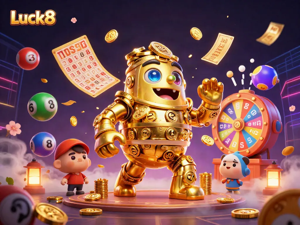 Engage with Luck8's vibrant gaming atmosphere featuring a golden coin golem in an energetic casino setting.