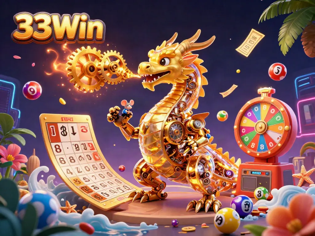Experience thrilling moments of gaming at 33Win with a vibrant 3D illustration of a golden dragon and dynamic casino elements.