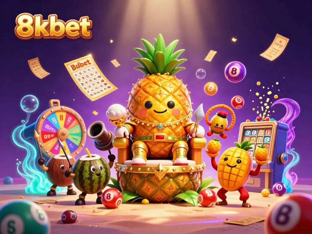 Experience exciting bets with the 8xbet golden pineapple king in a colorful, dynamic casino scene.