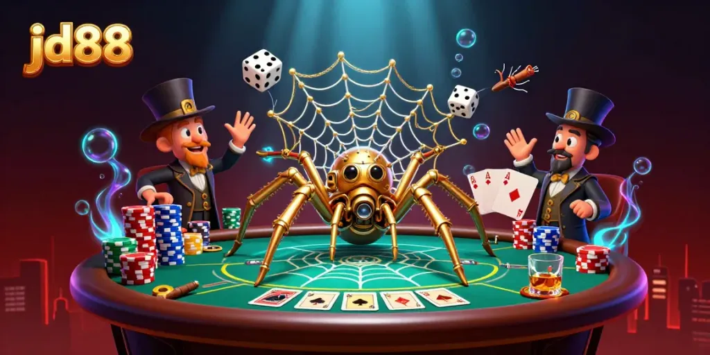 Engage in thrilling gameplay at jd88 with a golden spider webbing poker chips, creating excitement.