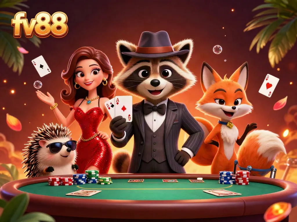 Experience thrilling gaming at fv88 with a suave raccoon and glamorous friends in an exciting casino scene.