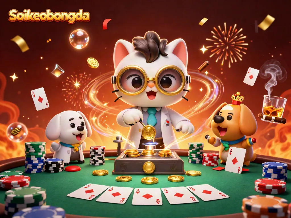 Engage with Soikeobongda in a vibrant casino scene with a fun mad scientist cat and loyal dog.