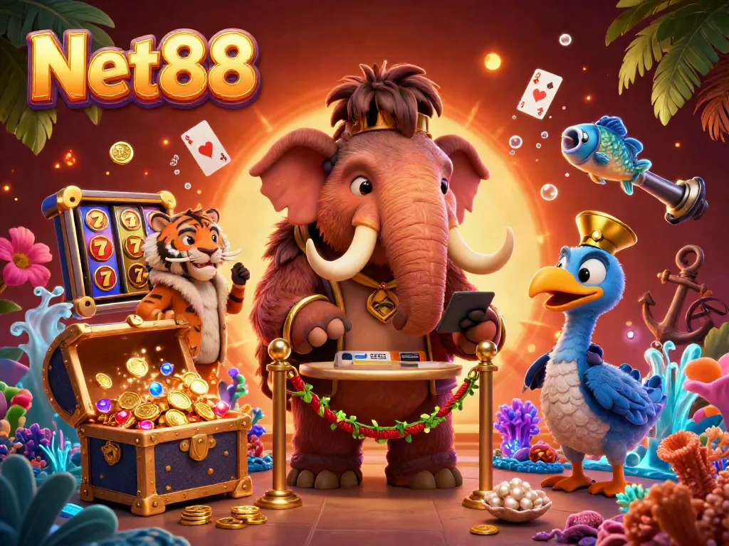 Experience immersive Bet strategies at Net88 with a vibrant 3D casino scene featuring dynamic elements and colorful characters.