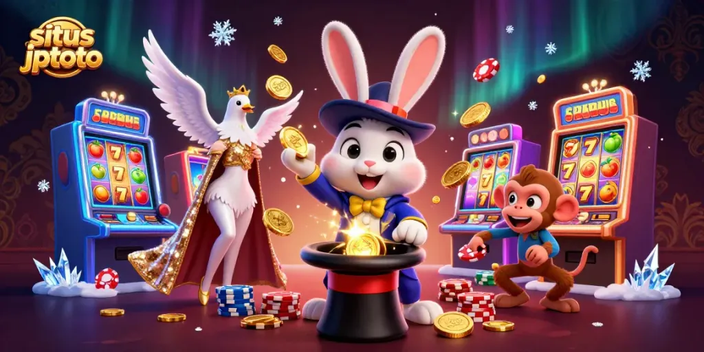 Experience situs jptoto excitement as a magician rabbit conjures golden coins amidst slot machine delights.