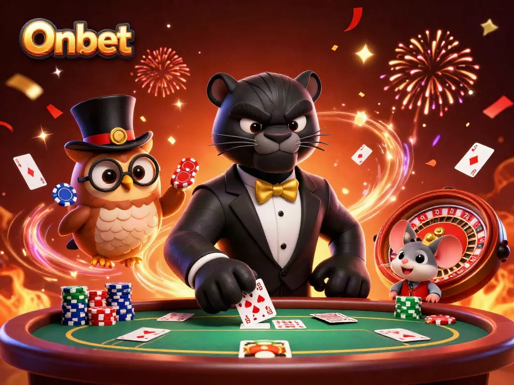 Onbet showcases a playful scene with a black panther dealer, cute owl, and lucky mouse amidst vibrant casino elements.