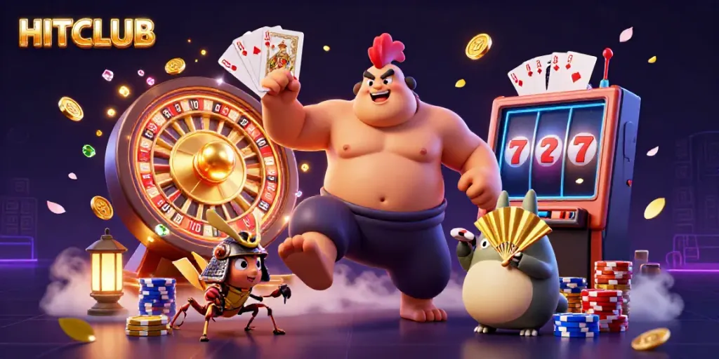 Join the excitement at HITCLUB with a vibrant casino scene showcasing festive characters and dynamic gambling elements.