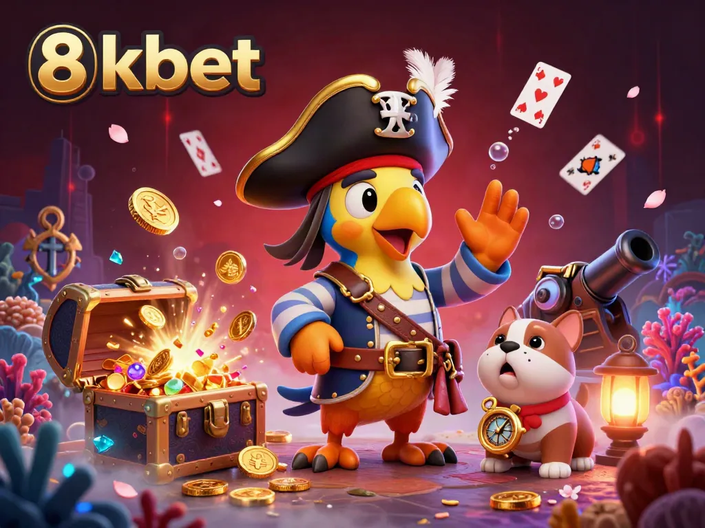 8kbet pirate scene showcases vibrant characters surrounded by casino elements in a stunning underwater backdrop.