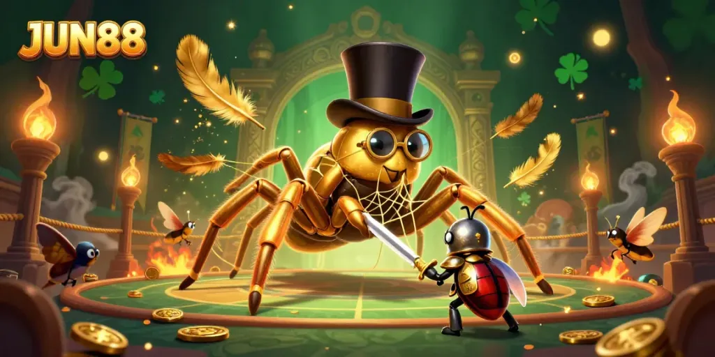 JUN88 showcases a vibrant casino atmosphere with a giant tarantula weaving golden threads.