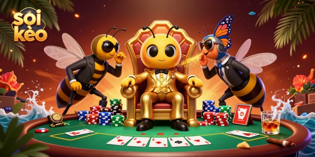 Soi kèo dynamic casino scene with a bumblebee mob boss, poker elements, and wasp guards.