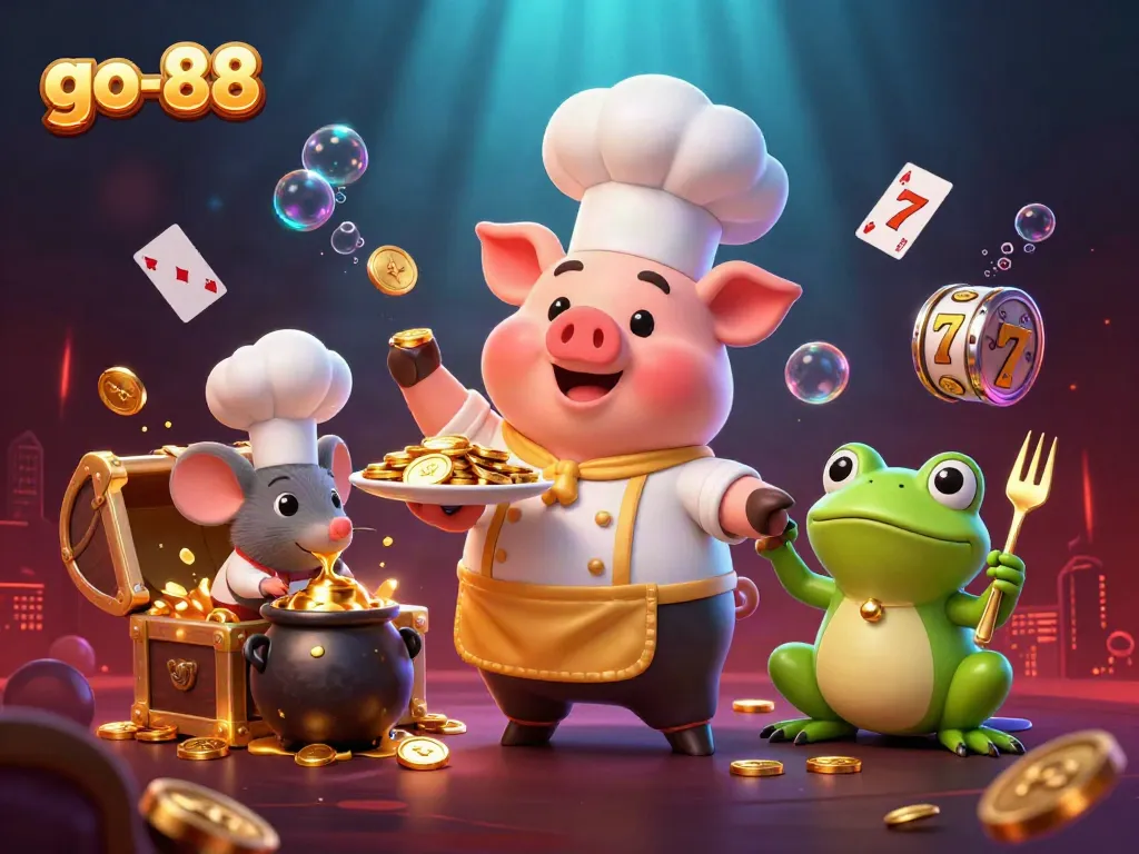 Experience go-88 with vivid underwater themes featuring vibrant characters, gold coins, and slot game elements.