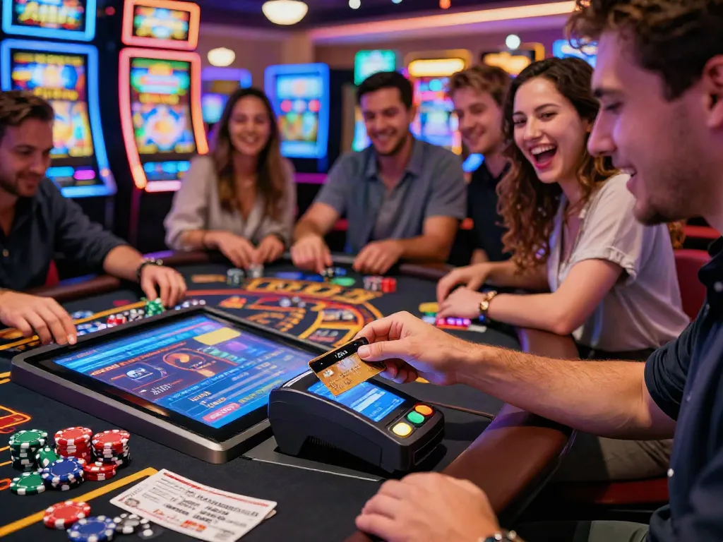 Excited players at a vibrant credit card casino, showcasing diverse payment options and thrilling gaming atmosphere.