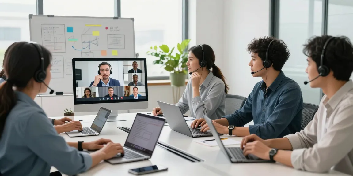 Remote call control technology enhances team collaboration in a dynamic office meeting.
