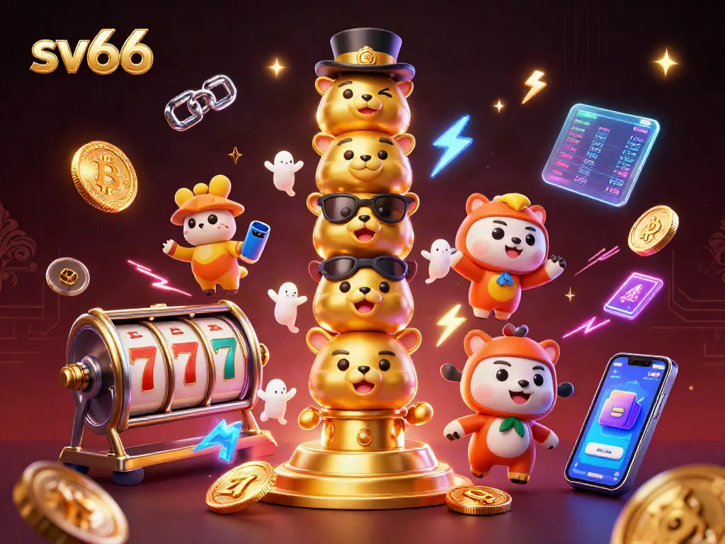 Engage with SV66's golden totem pole in a vibrant, dynamic casino scene featuring slot games.