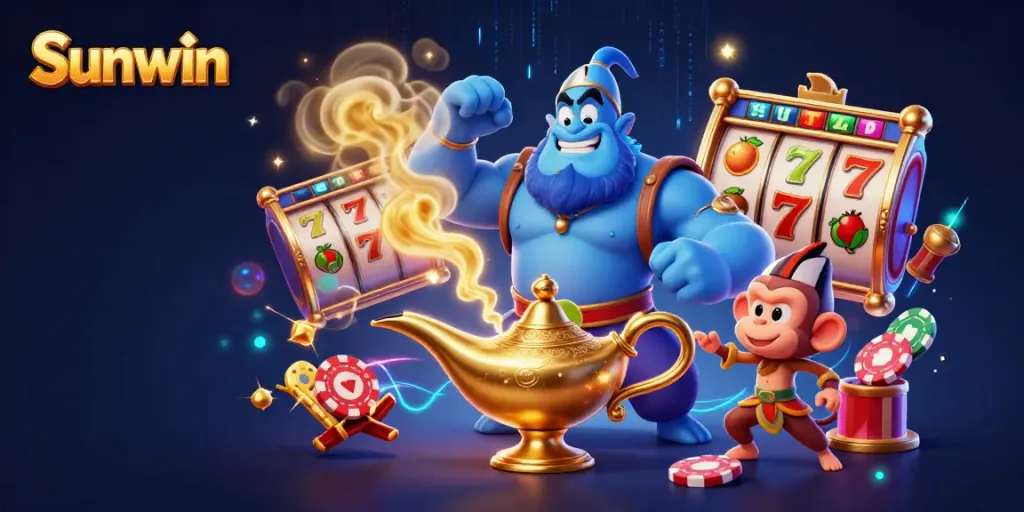 Experience the immersive world of Sunwin with vibrant casino elements and dynamic characters in action.