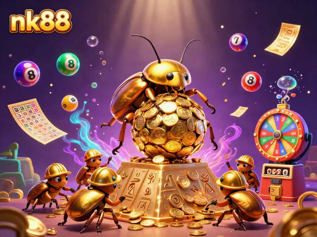 Experience exhilarating gameplay with nk88’s golden beetle characters rolling coins in a vibrant casino setting.