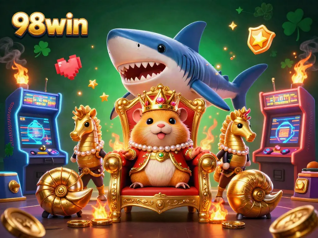 Engage in thrilling adventures at 98win with vibrant casino-themed 3D illustration showcasing a golden hamster king.