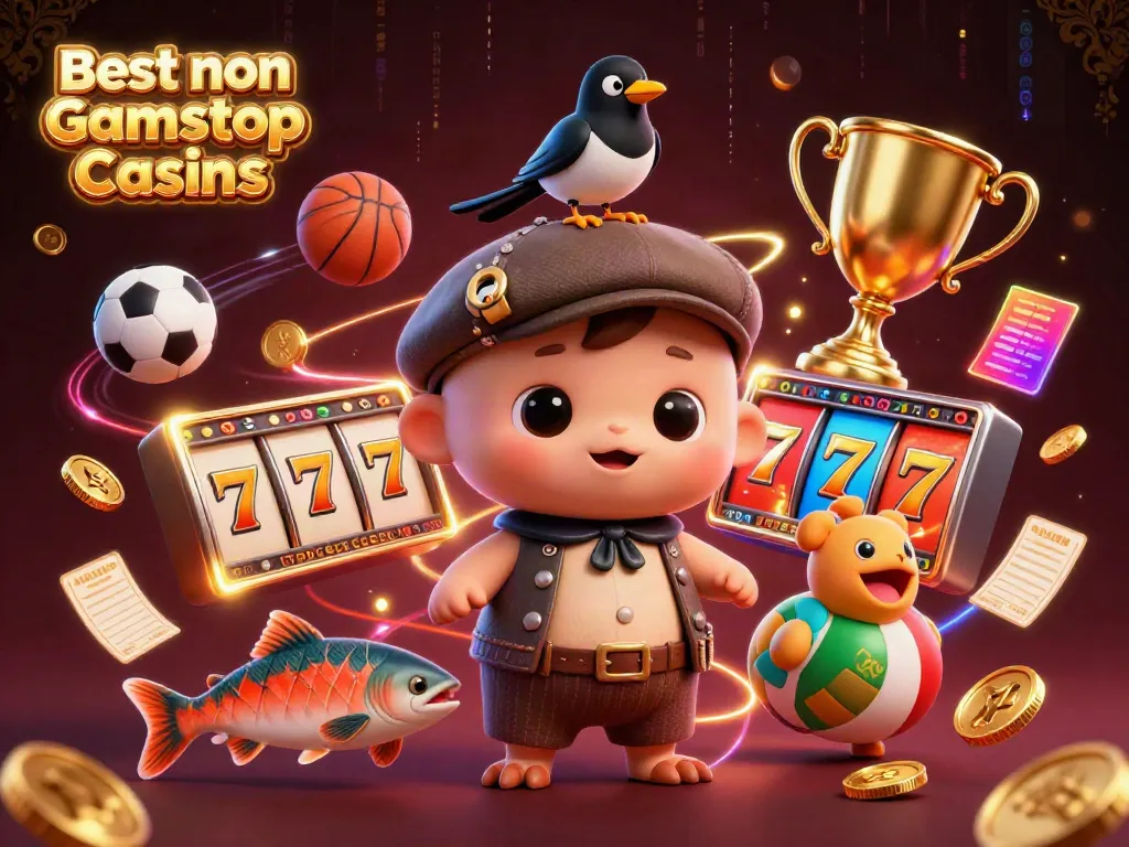 Engaging 3D illustration depicting the Best non Gamstop Casinos with cartoon characters, vibrant colors, and casino elements.