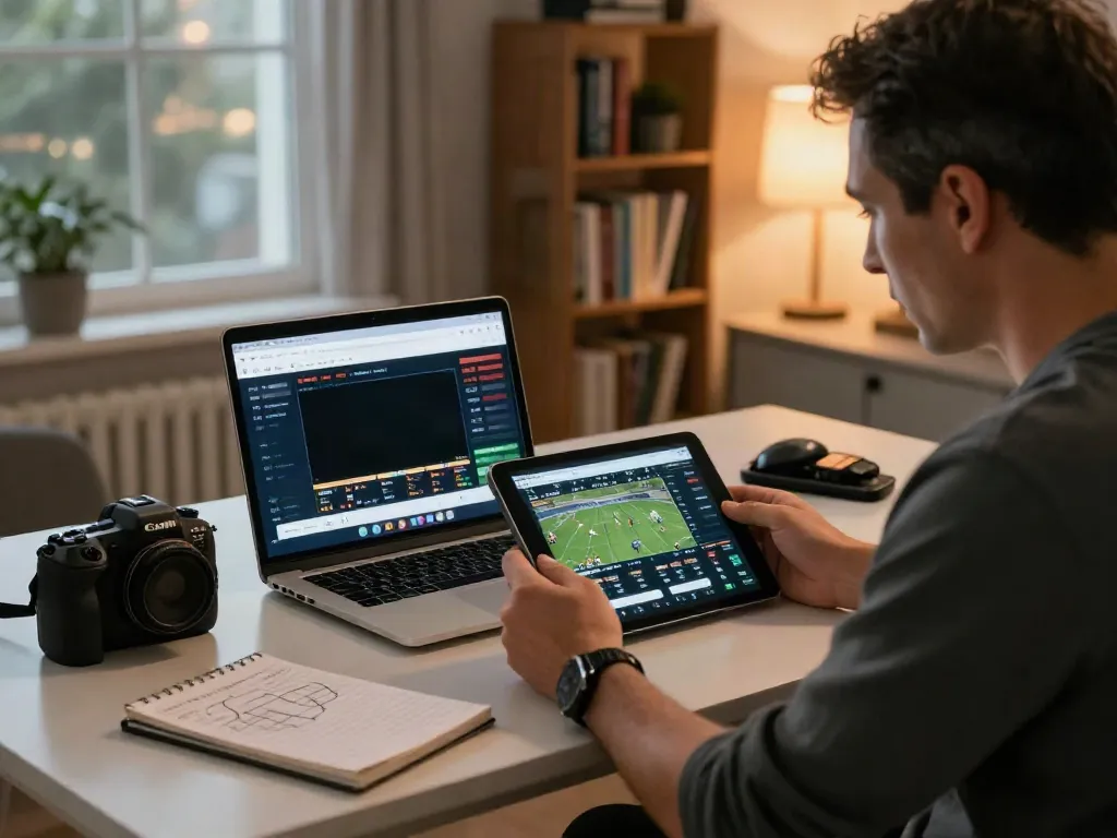 Engaging betting sites not on GamStop scene showing a focused individual at a modern home office.
