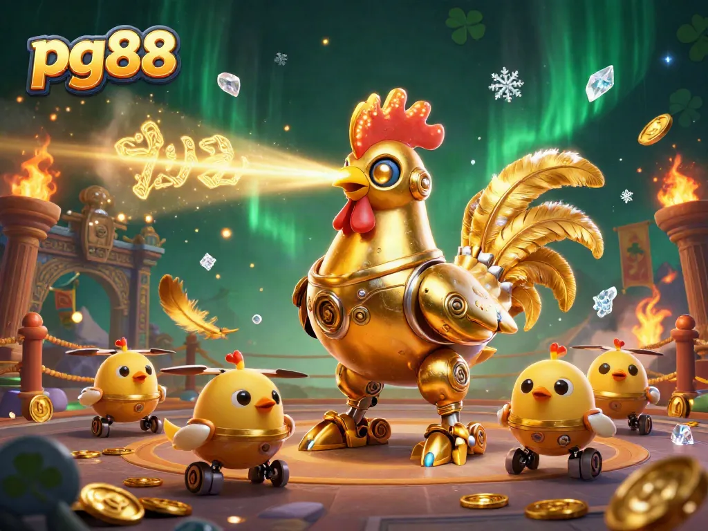 Engage in thrilling gameplay at pg88 with vibrant casino adventures featuring a golden rooster robot.