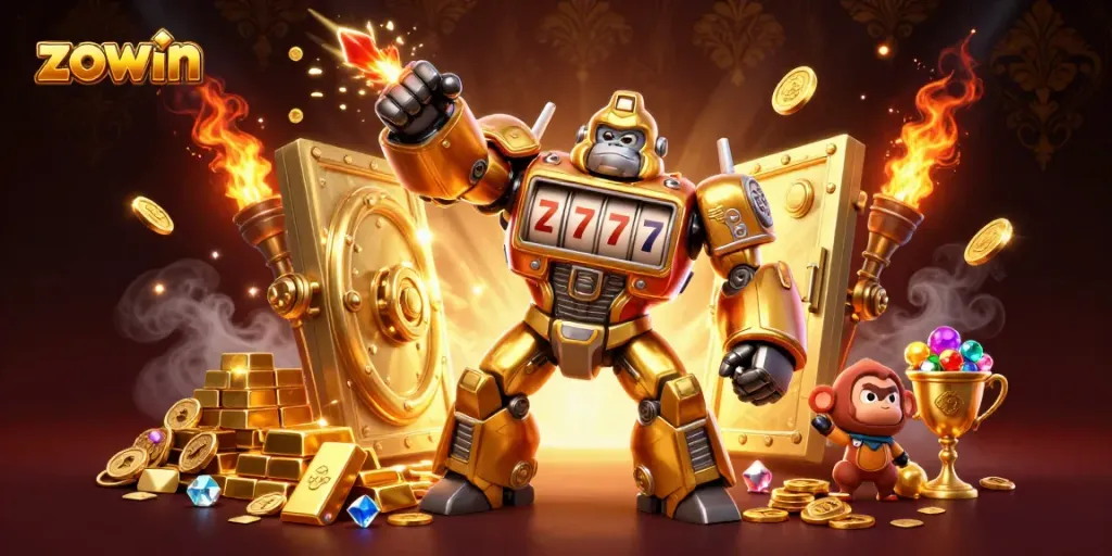 Experience the excitement of Zowin with a dynamic 3D illustration featuring a golden gorilla mech amidst a treasure-filled casino scene.