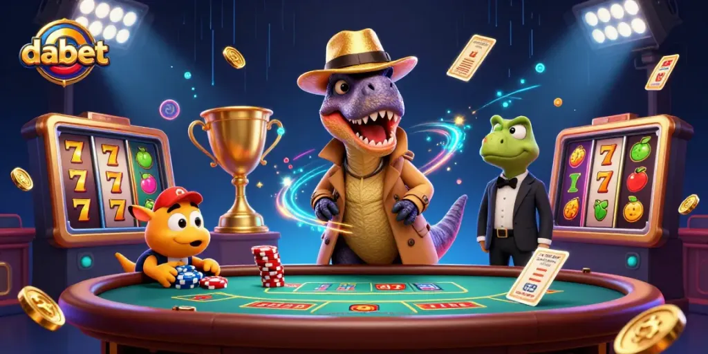 Dabet brings you thrilling casino gameplay with a velociraptor card counter at a blackjack table surrounded by slot game elements.