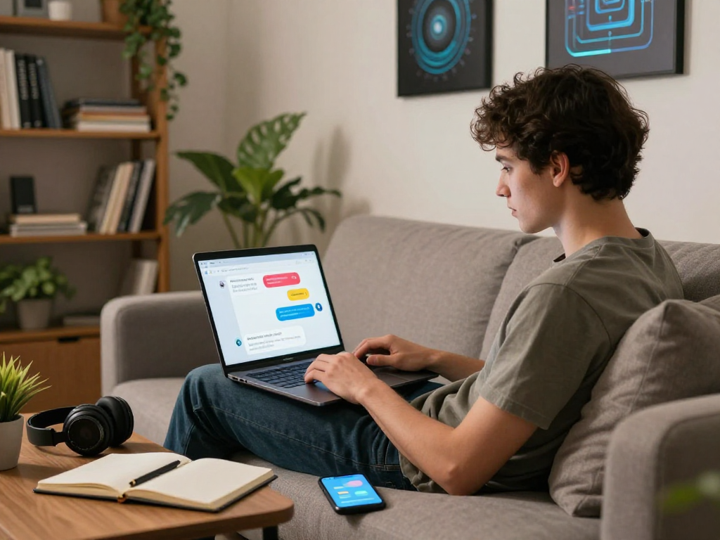 Engaging in nsfw ai chat on a laptop in a cozy home office.