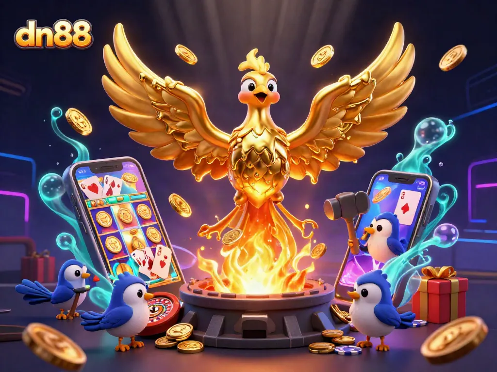 Experience thrilling wins at dn88 with a vibrant 3D casino scene filled with slot and card games.