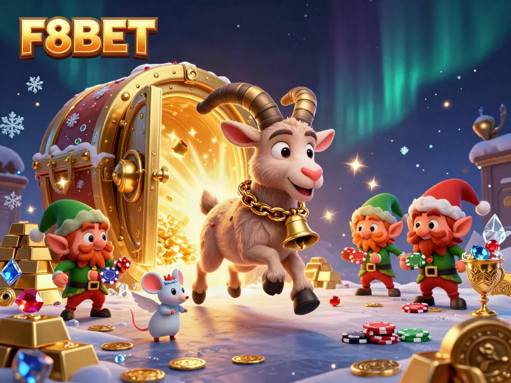 Experience F8BET's vibrant and dynamic casino scene featuring characters and treasures in a festive setting.