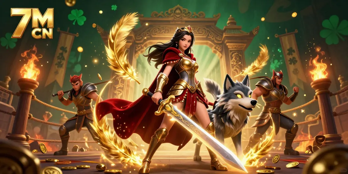 Join the thrilling action at 7M CN with a dynamic scene of a warrior queen and her armored wolf companion amidst a vibrant casino atmosphere.