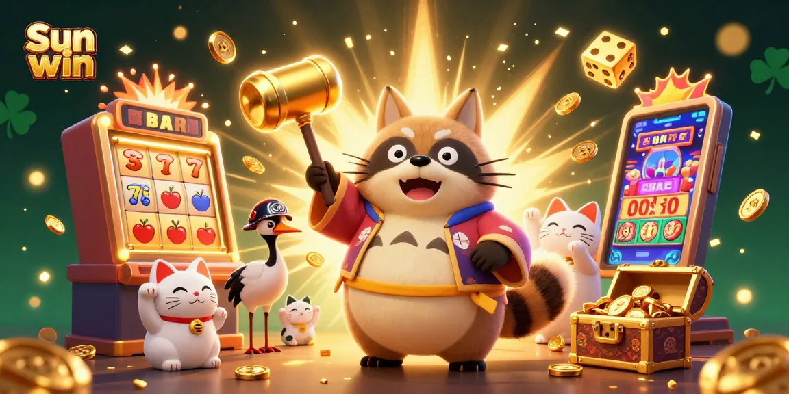 Engage with Sun win's vibrant gaming ambiance, featuring cheerful characters amidst casino excitement with lucky symbols.