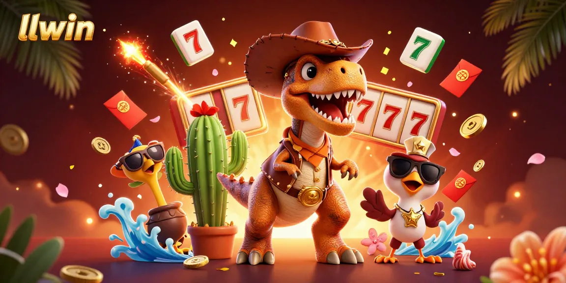 llwin showcases vibrant gameplay with a cartoon dinosaur, wild symbols, and festive decorations.