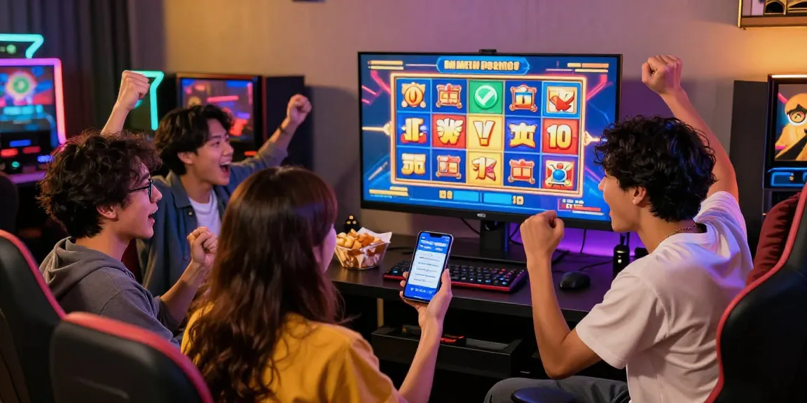 situs slot deposit 10 ribu gaming scene with friends celebrating a big win
