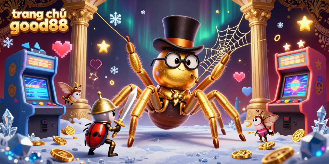 Engage with the vibrant casino scene featuring a giant tarantula, knight beetle, and arcade games, all celebrating trang chủ good88.