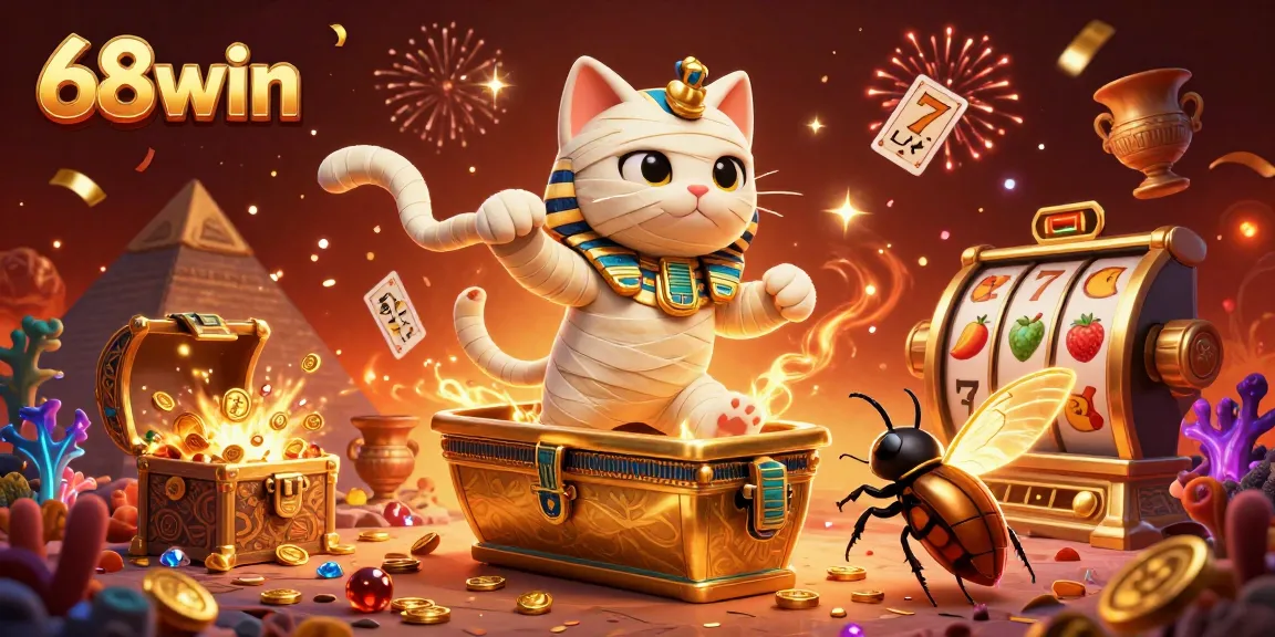 Engage at 68win with a thrilling 3D illustration of a mummy cat and glowing scarab in a casino.
