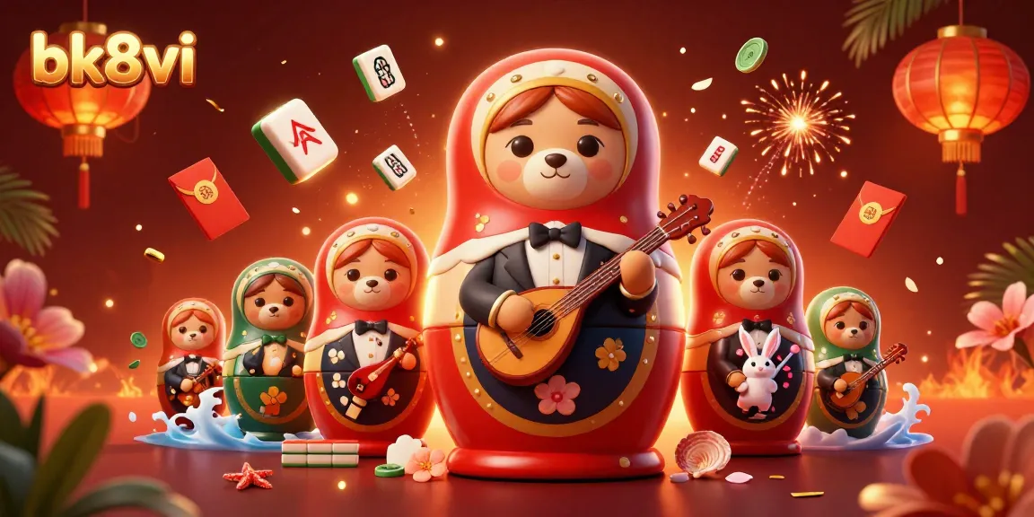 Engage in the vibrant bk8vi casino scene featuring a Matryoshka bear and festive elements.