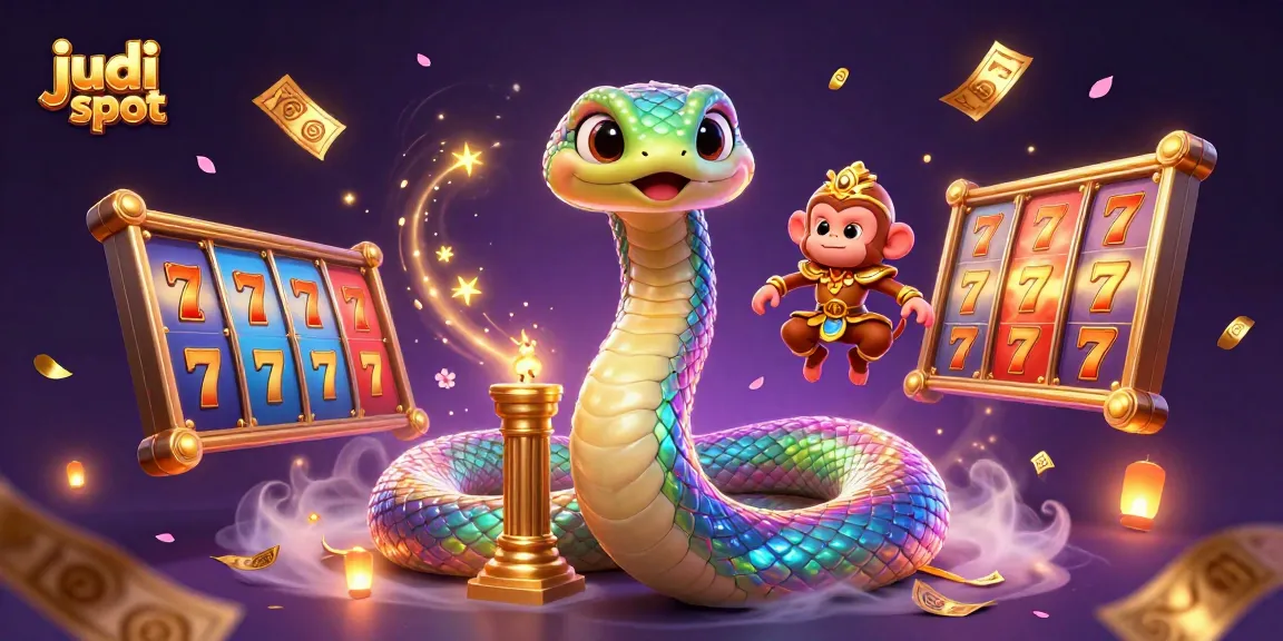 Experience judi slot magic with a colorful scene of a rainbow serpent and lucky symbols.