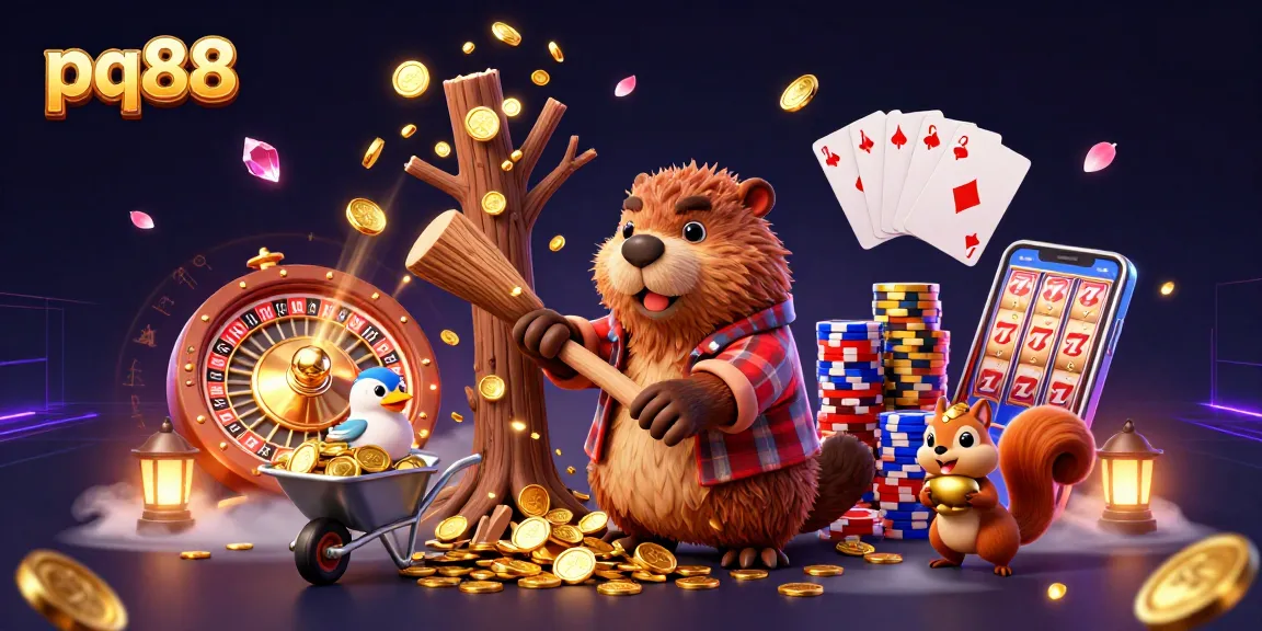 Experience excitement at pq88 with dynamic characters amidst gold coins and casino elements.