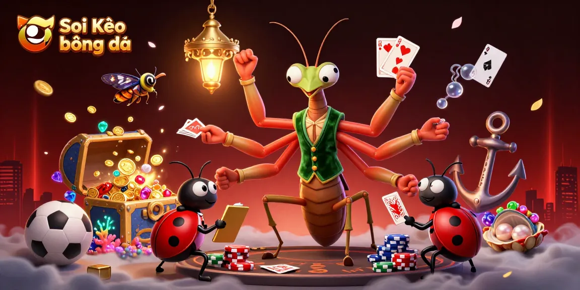 Soi Kèo bóng đá sports betting scene with a giant praying mantis card sharp dealing cards among stadium elements.