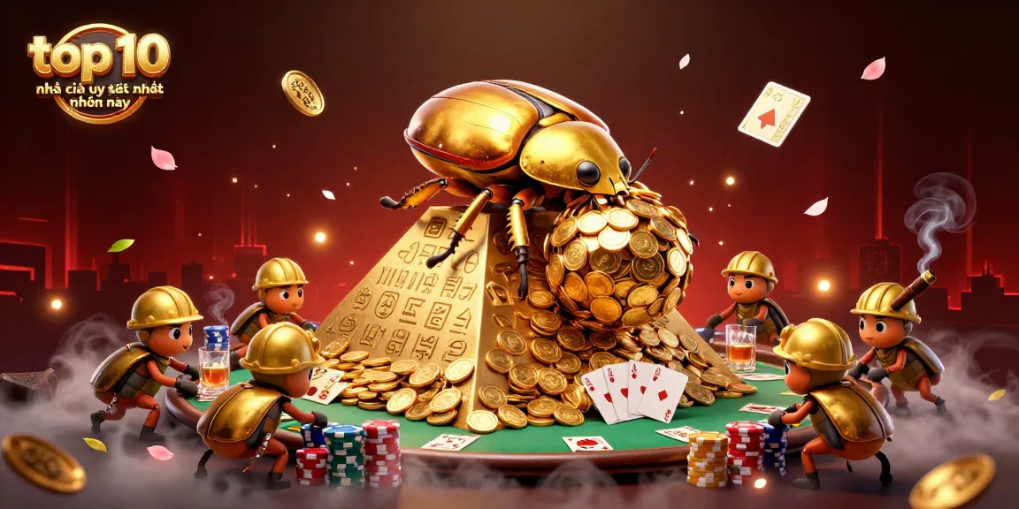Engaging illustration featuring top 10 nhà cái uy tín nhất hiện nay, showcasing a golden dung beetle and poker elements.