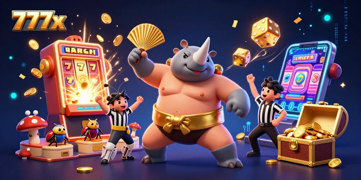 Experience 777x excitement with the beetle champion sending coins flying in a vibrant casino scene.
