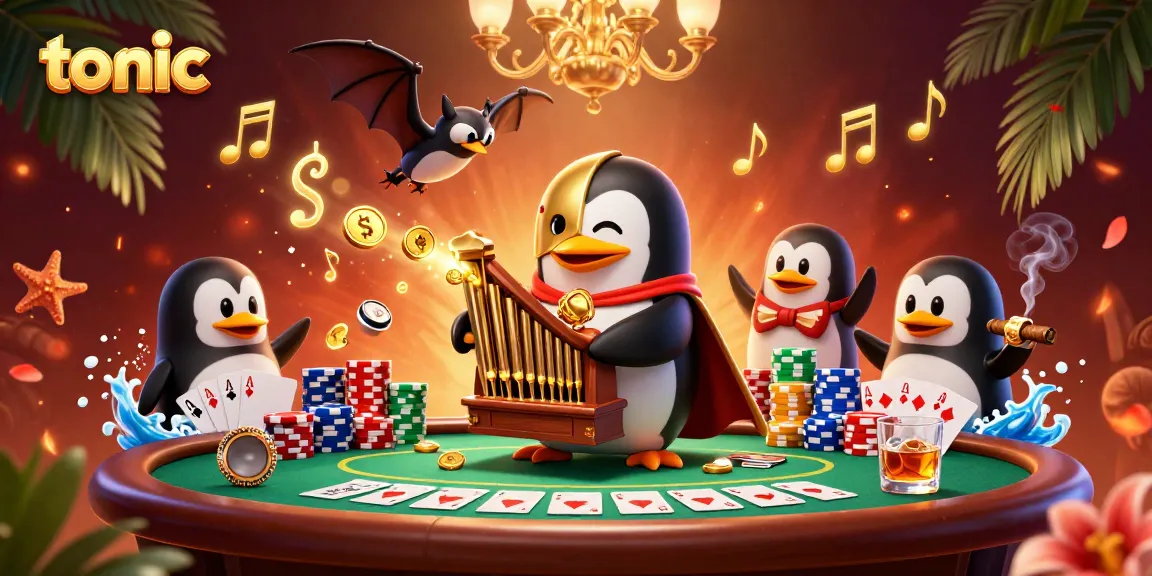 Tonic-themed illustration of a playful penguin at a vibrant casino setting, winning coins.