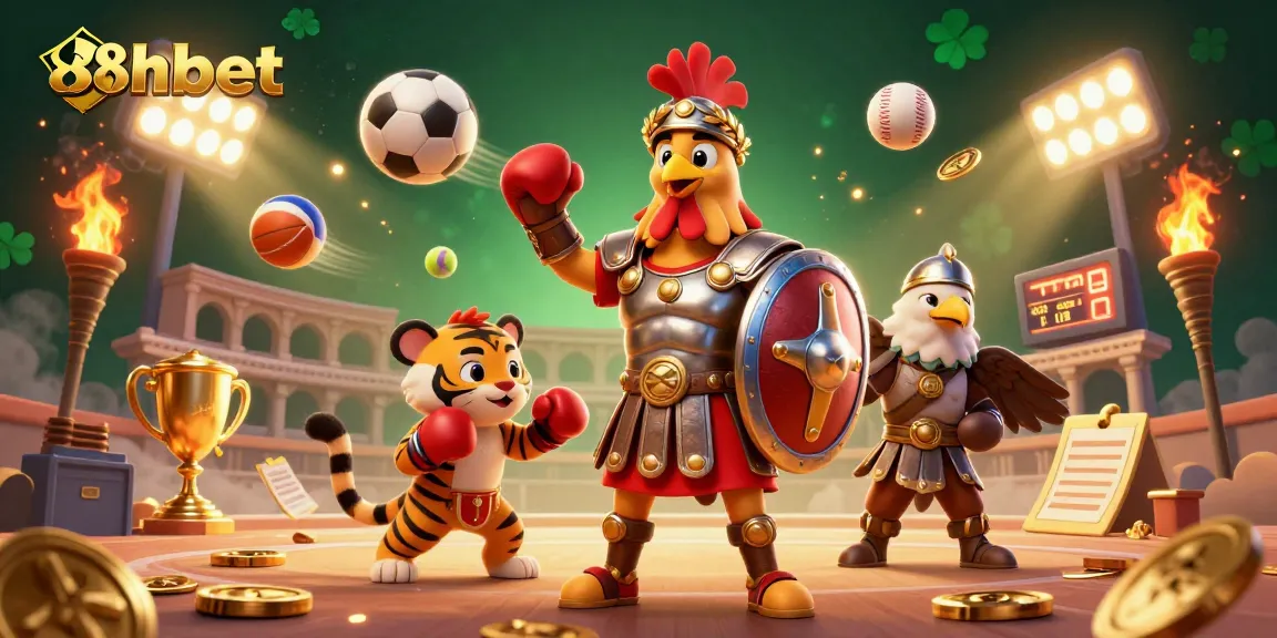 Bet on thrilling moments at 8xbet with a dynamic 3D illustration of a gladiator rooster and sports elements.