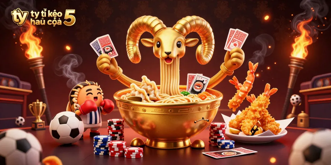 Engage with tỷ lệ kèo nhà cái 5 as the golden ramen bowl character deals cards in a sports betting scene with vibrant details.