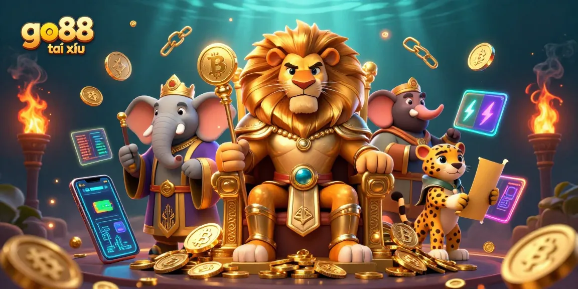 Engage in go88 tài xỉu with fierce lion king and wise elephant advisor in a glowing casino world.