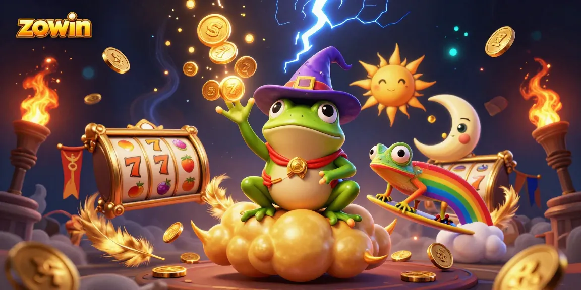 Zowin slots come alive as a cartoon wizard frog conjures coins amidst a vibrant casino scene.