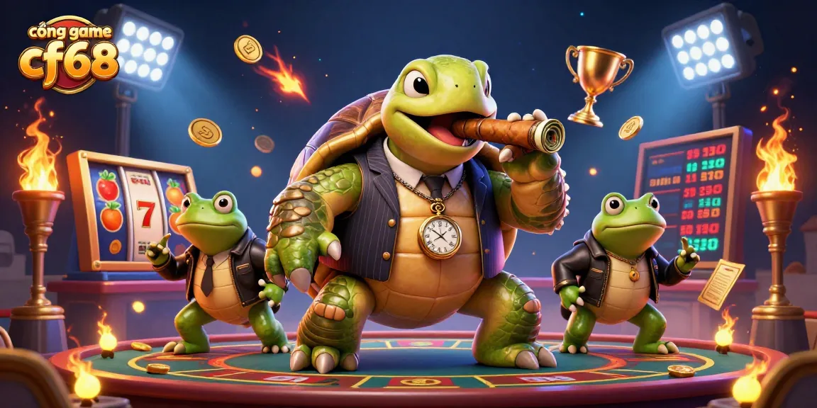 Catch big wins at cổng game cf68 with a lively casino-themed illustration showcasing a snapping turtle and bullfrog enforcers.